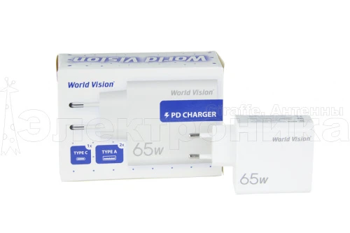 блок питания world vision 65w pd653a 5-20в, 2-3a зарядное устройство с 2usb+type-c для ноутбука  фото