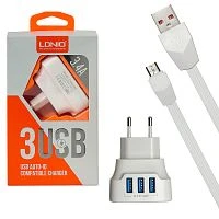 блок питания ldnio dl-ac65 5в, 3,4а + кабель microusb 1м зарядное устройство с 3 usb портами, белый  фото